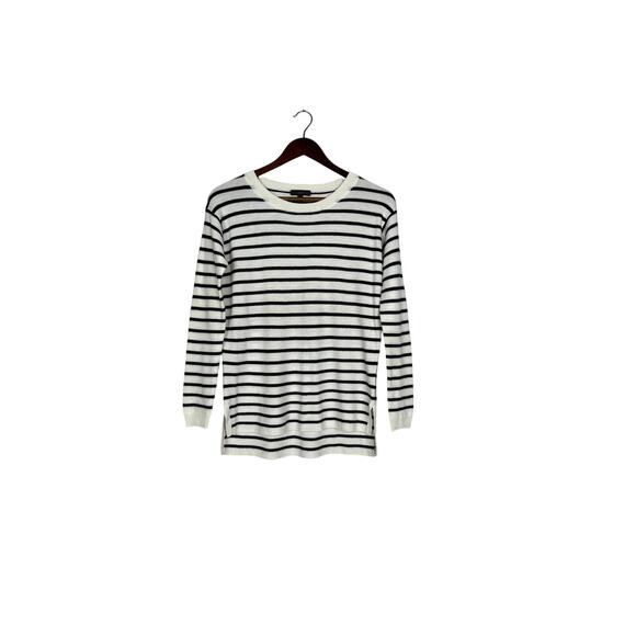 J. Crew Striped Leather Panel Wool Knit Long Sleeve Sweater XS Black Cream #4247 - Picture 14 of 15